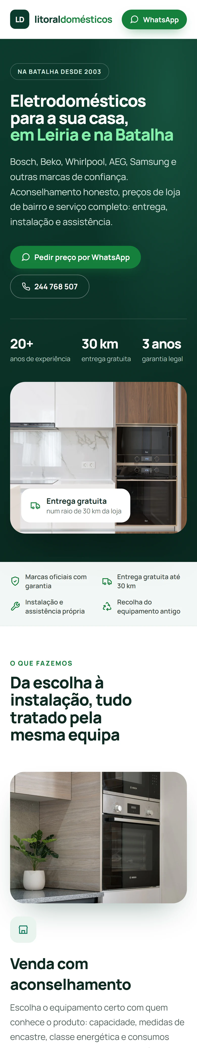 Exemplo de design de website no telemóvel: eletrodomésticos